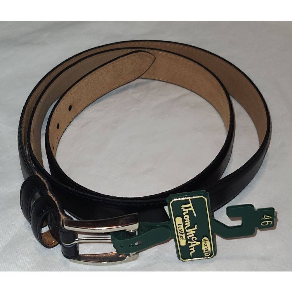NWT Thom Mcan Black Leather Belt size 46. Width 1 1/6".  Silver Tone hardware.